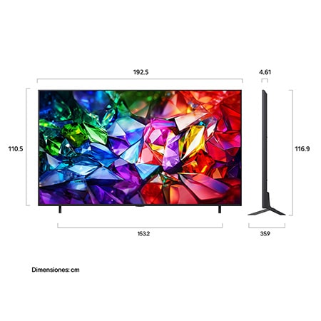 LG Micro RGB evo AI MRGB95 shown in front and side views highlights a 100-inch display with a 2230 mm-wide screen, 1277 mm screen height, 1374 mm height with stand, a 49.9 mm depth, and a stand footprint measuring 1725 by 415 mm.